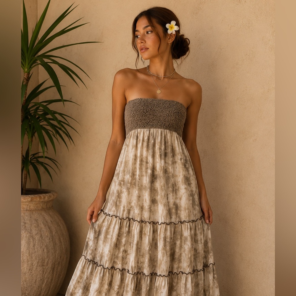 Tiare Hawaii Strapless Mushroom Taupe Tie Dye Maxi Dress One Size Boho Resort